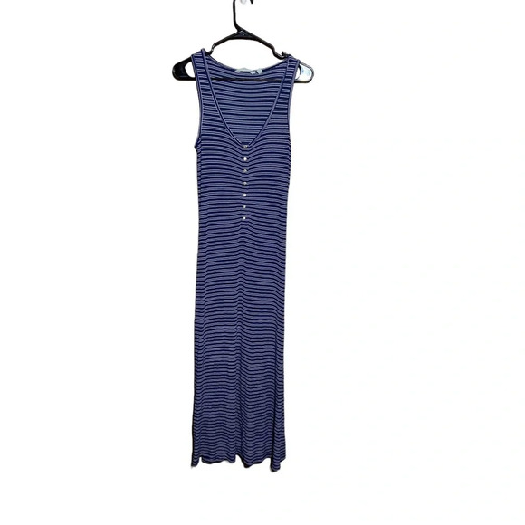 Athleta Hermosa Henley Dress Size Medium Midi Length Navy Blue White Stripe Maxi - Picture 3 of 7